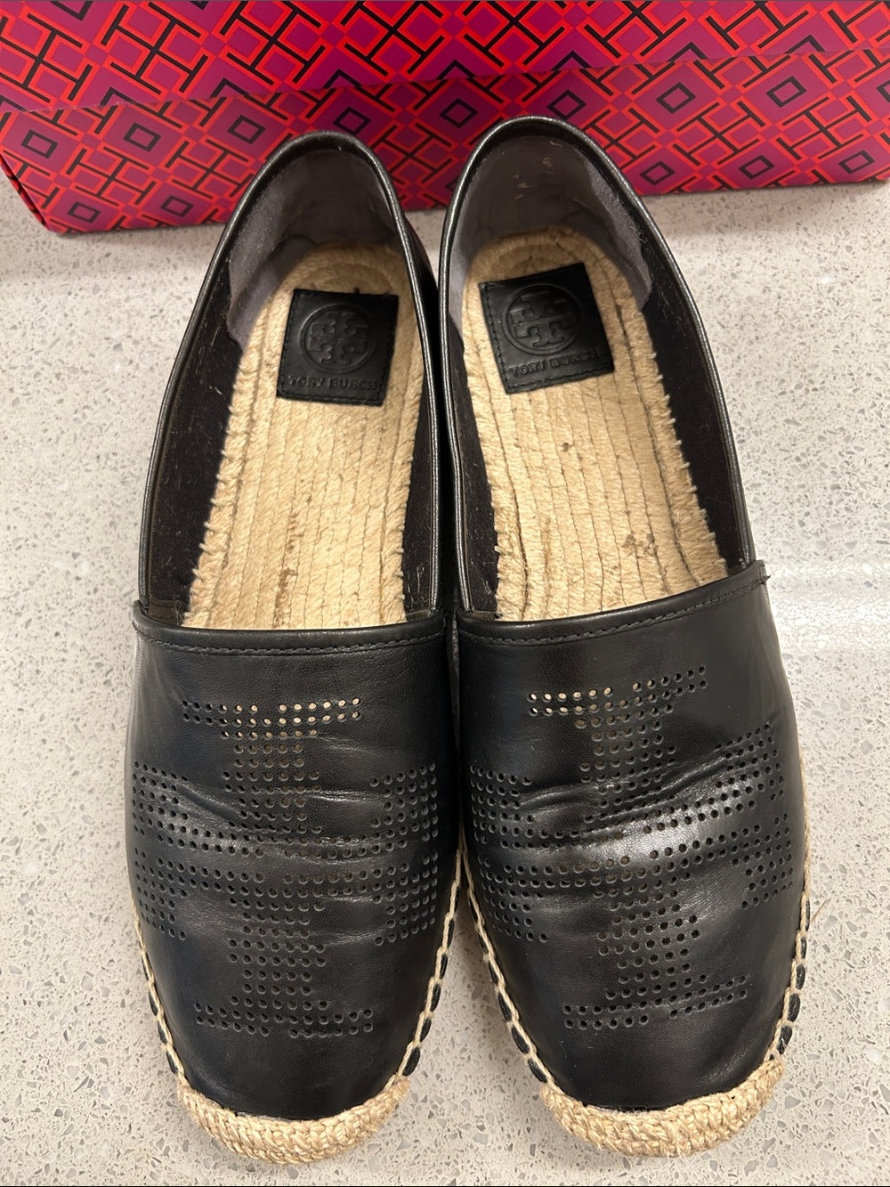 Tory Burch Black Leather Espadrille Flats with Jute Trim size 10.5 - Picture 3 of 12